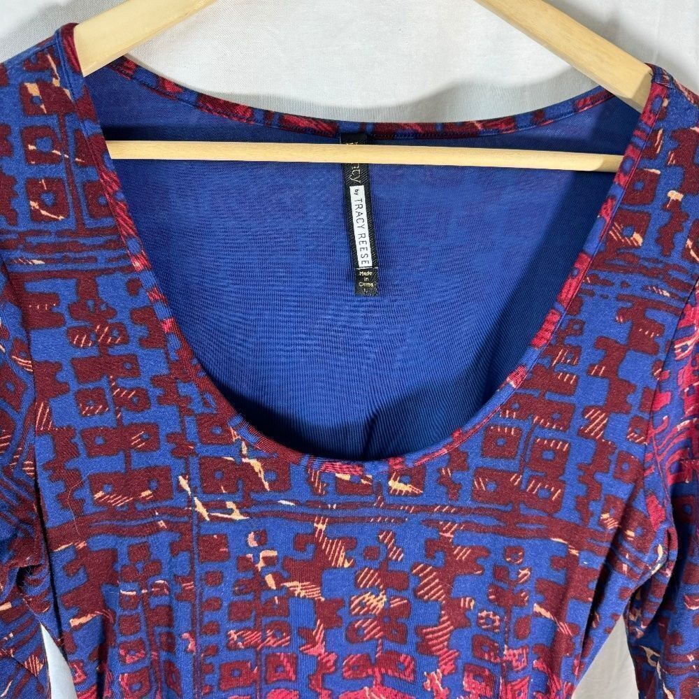 Plenty By Tracy Reese Sangria/Cobalt Ruched Print Fitted Midi Dress Sz‎ L
